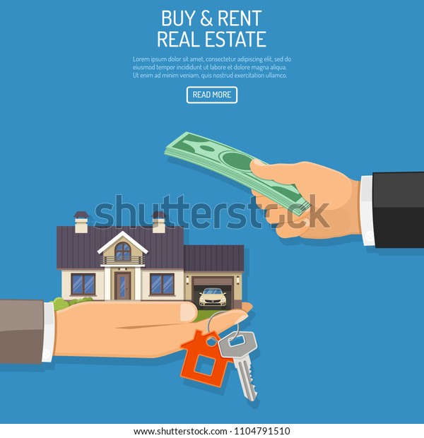 Buy, Sale, Purchase, Lease, Rent of real\
estate concept. Hand with money and hand with house and keys. Flat\
style icons. Isolated vector\
illustration
