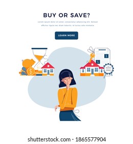 Buy or Save choice concept. Woman thinking save money or get a loan for new big house buying. Piggy bank, hourglass. Finance planning for landing page, banner. Flat cartoon design vector illustration