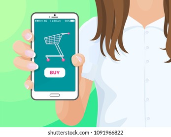 Buy screen of smartphone, woman holds mobile phone in hand, application of web store on device, shopping cart, online market vector color illustration