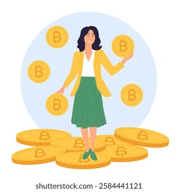 Buy and sell bitcoin, exchange and mining cryptocurrency, cryptography. Tiny happy woman holding big bitcoin, rich investor character standing on pile of gold coins cartoon vector illustration