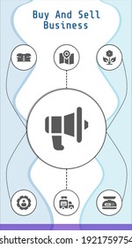 buy and sell business editable infographic template with icons of Ice cream van, Flower, Scale, Dprmpr building, Map, Settings, Communication