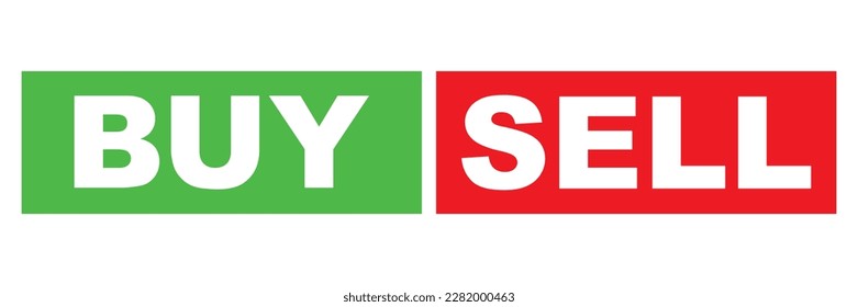botón Comprar y vender, color verde y rojo, forma rectangular de estilo plano. Diseño simple objeto de ilustración vectorial para forex, mercado bursátil, móvil, aplicación, uso web. Aislado sobre fondo blanco.