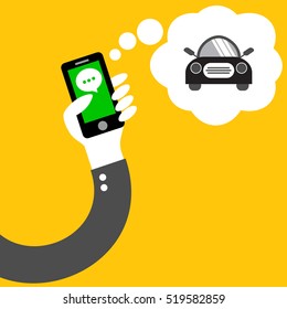 Buy or sell car in social app phone hand yellow background vector : e-commerce concept