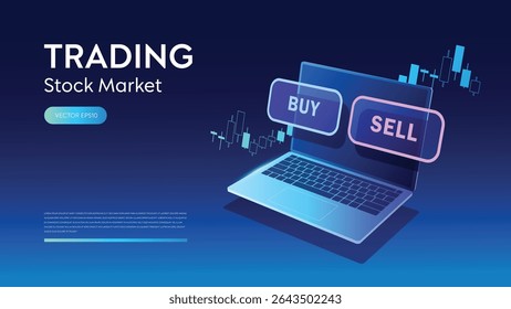 Buy and sell choosing button with laptop computer represent stock exchange trading or crypto trade decision in futuristic background. Virtual chart analyzing broker. Financial diagram tech innovation.