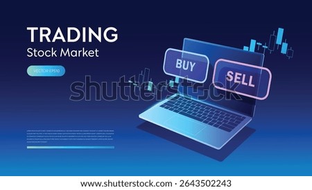 Buy and sell choosing button with laptop computer represent stock exchange trading or crypto trade decision in futuristic background. Virtual chart analyzing broker. Financial diagram tech innovation.