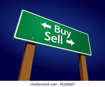 Buy, Sell Green Road Sign Vector Illustration On A Radiant Blue Background.