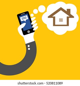 Buy or sell home in social app phone of hand on yellow background vector : e-commerce concept icon