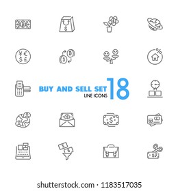 Buy and sell icons. Set of line icons. Purchase, credit card, discount. Payment concept. Vector illustration can be used for topics like shopping, finance, banking