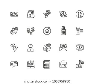 Buy and sell icons. Set of twenty line icons. Purchase, credit card, discount. Payment concept. Vector illustration can be used for topics like shopping, finance, banking