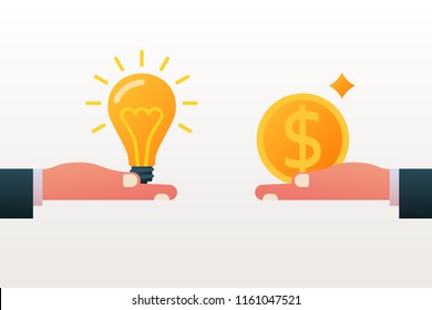 Buy and sell idea. Business transaction light bulb and money hold in hand. Investment concept. Cost of innovations. Vector illustration flat design. Isolated on white background.