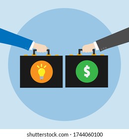 Buy and sell idea, investing in innovation, modern technology business concept flat vector design.