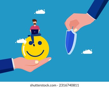 buy or sell life insurance. man holding shield and icon in good mood