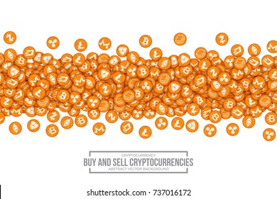 Buy and Sell Most Important Main Cryptocurrencies Vector Conceptual 3D Illustration on White Background. Icon: Bitcoin, Bytecoin, Dash, Ethereum, Litecoin, Monero, Nem, Ripple, Stratis, Zcash