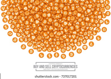 Buy and Sell Most Important Main Cryptocurrencies Vector Conceptual 3D Illustration on White Background. Icon: Bitcoin, Bytecoin, Dash, Ethereum, Litecoin, Monero, Nem, Ripple, Stratis, Zcash