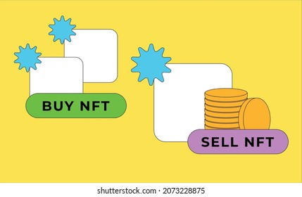 buy and sell NFT non fungible token for crypto art on hipster hype background blockchain technology and disruptive monetization in collectibles market vector illustration