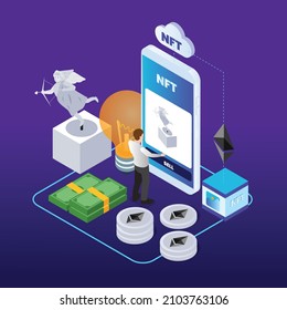 Buy and Sell NFT on Ethereum isometric 3d vector concept for banner, website, illustration, landing page, flyer, etc.