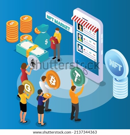 Buy and sell Non Fungible Token in NFT marketplace isometric 3d vector icon concept for banner, website, illustration, landing page, flyer, etc.