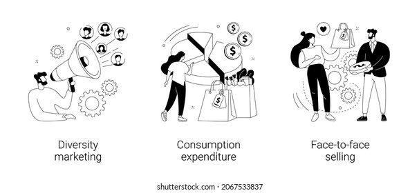 Buy and sell product abstract concept vector illustration set. Diversity marketing, consumption expenditure, face-to-face selling, consumer engagement, compulsive purchase abstract metaphor.