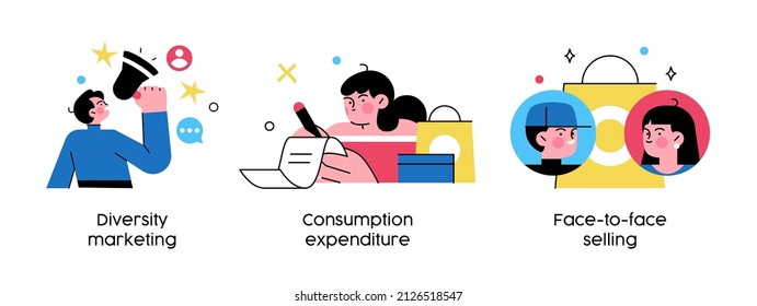 Buy and sell products - set of business concept illustrations. Diversity marketing, consumption expenditure, face-to-face selling. Visual stories collection