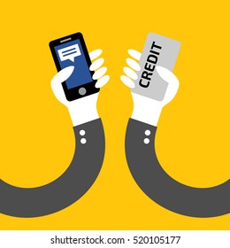 Buy or sell in social app phone with credit card of hand yellow background vector