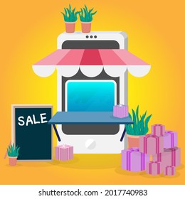 Compra y vende con tu smartphone. Ilustración vectorial.