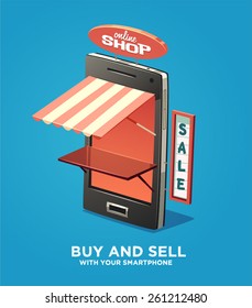 Compre e venda com seu smartphone. Ilustração vetorial.