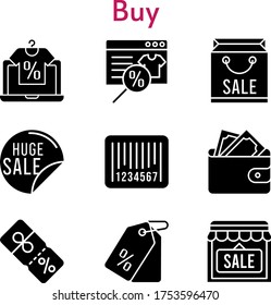 buy set. included online shop, shopping bag, sale, wallet, shop, price tag, discount, barcode icons. filled styles.