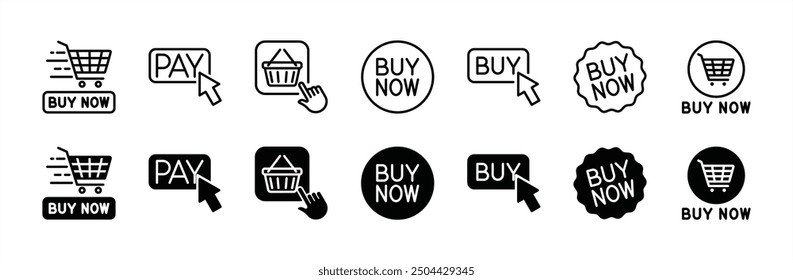 Buy or shop now button flat and thin line icon set. Containing click arrow with shopping cart, online shop, purchase for app and website. Vector illustration