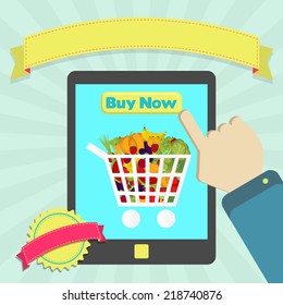 Buy shopping cart full of vegetables. Buy shopping cart full of fruits and vegetables online through laptop. Colorful artwork. Blank ribbon and stamp for insert text.