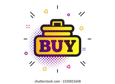 Buy sign icon. Halftone dots pattern. Online buying cart button. Classic flat buy icon. Vector