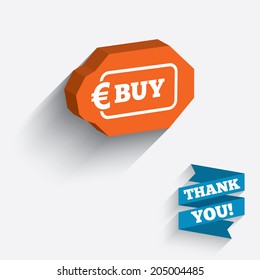 Buy sign icon. Online buying Euro eur button. White icon on orange 3D piece of wall. Carved in stone with long flat shadow. Vector