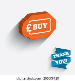 Buy sign icon. Online buying Pound gbp button. White icon on orange 3D piece of wall. Carved in stone with long flat shadow. Vector