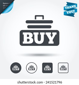 Buy sign icon. Online buying cart button. Circle and square buttons. Flat design set. Thank you ribbon. Vector