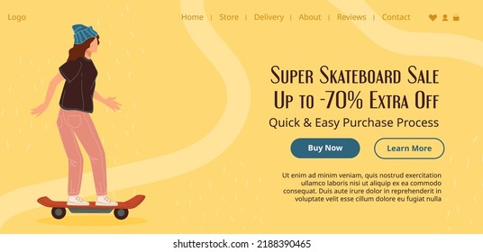 Buy skateboard, super sale up to seventy percent extra off price. Quick and easy purchase process in online shop or store. Website landing page templates, internet web. Vector in flat styles