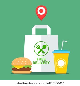 buy takeaway fast food. food delivery free. flat vector illustration