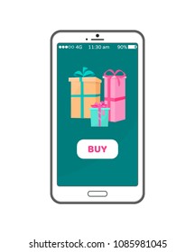 Buy text on smartphone with gift boxes, wrapped presents on electronic device, vector mobile phone push button, e-commerce web page design isolated
