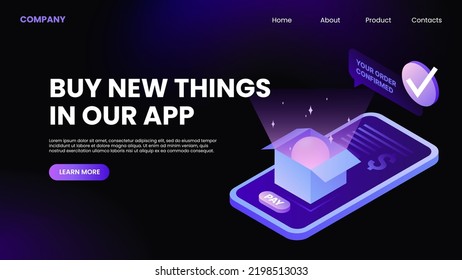 Buy Things in the App. Online Shopping Website Landing Page. Vector illustration