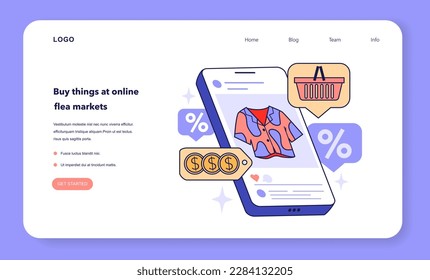 Compra cosas en los mercados de pulgas online para optimizar tus gastos. Compras en línea en tienda digital. Orientación útil para una presupuestación y economía eficientes de los hogares. Ilustración vectorial plana