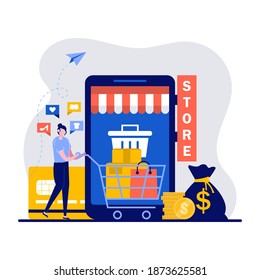 Buy things in online store, sale concept with tiny character. Customer holding shopping cart with bags purchases, using smartphone mobile app flat vector illustration. Can use for landing page idea.