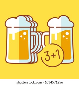 Buy three and get one beer mug for free. Vector illustration.