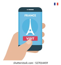 Buy ticket. France Travel. Payment smartphone concept