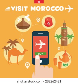 Buy Ticket. Morocco Flat Icons Design Travel Concept. Adventure Travel. Vector