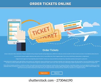 Buy ticket online concept. Online ticket ordering. Mobile phone and airplane. Banner with text and buttons registration and about us