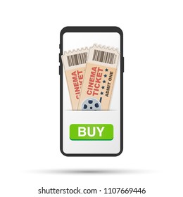 Buy ticket online. Order ticket with help a mobile phone. Vector stock illustration.