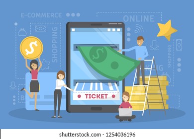 Buy ticket online using mobile phone concept. Internet commerce and modern technology. Online service in the app. Isolated flat vector illustration