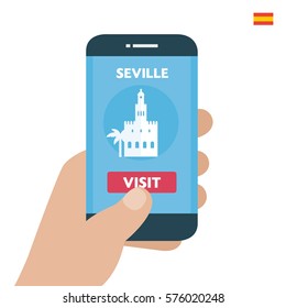 Buy ticket. Seville Travel. Payment smartphone concept. Visit city