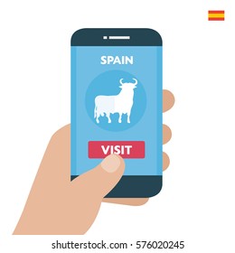 Buy ticket. Spain Travel. Payment smartphone concept. Visit city