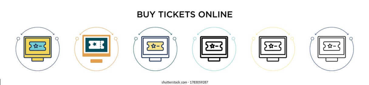 Buy tickets online icon in filled, thin line, outline and stroke style. Vector illustration of two colored and black buy tickets online vector icons designs can be used for mobile, ui, web