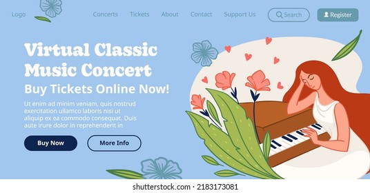 Buy tickets online on virtual classic music concerts. Listen to symphonies and melodies, famous compositions. Piano instrumental. Website landing page template, internet site. Vector in flat style