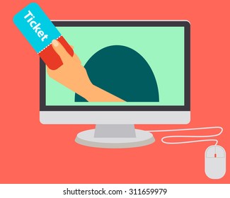 Buy Tickets Online Through The Internet Using A Computer. Vector Illustration